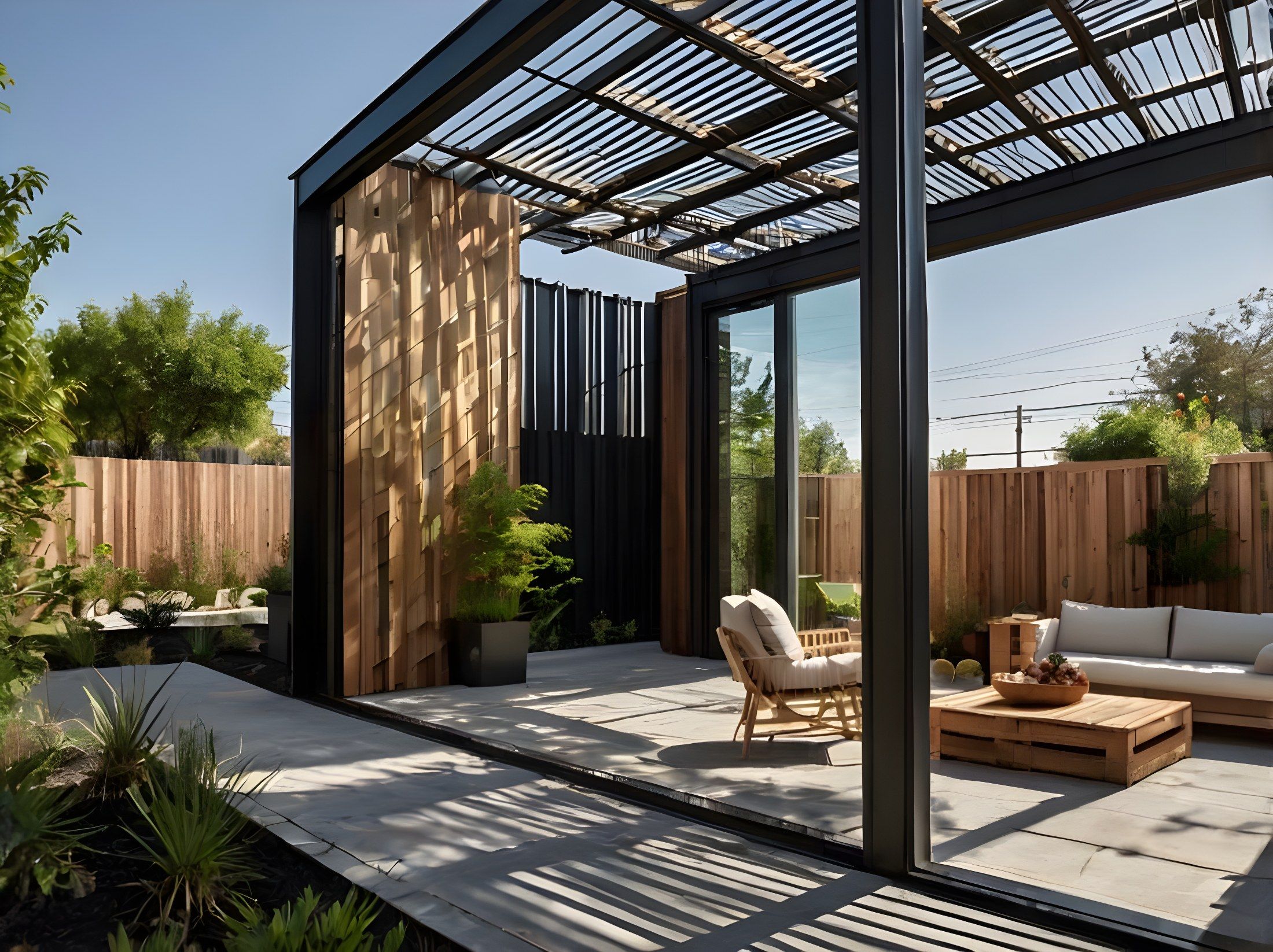 Črna aluminijasta bioklimatska pergola z lamelami ob bazenu