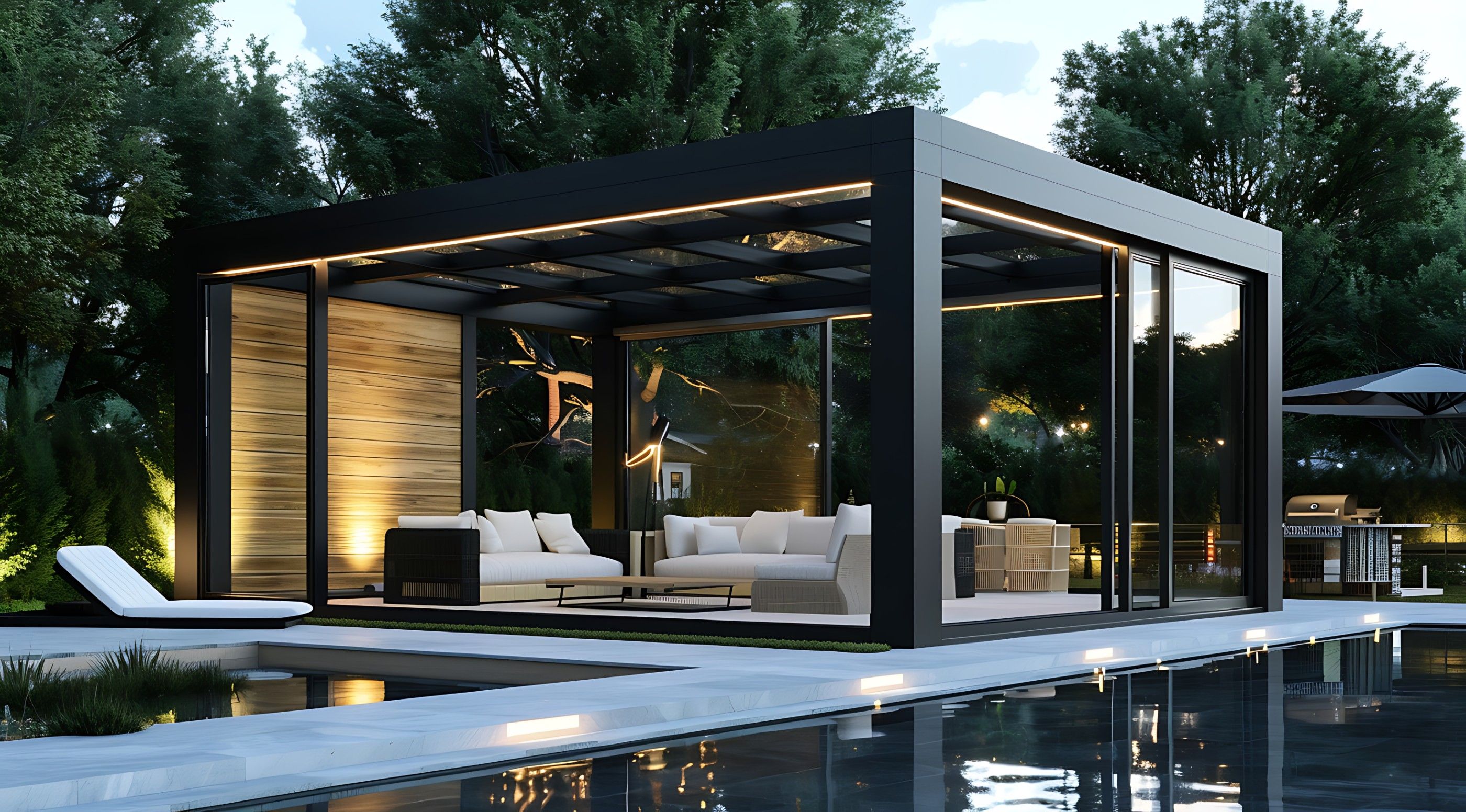 Premium bioklimatska pergola ob bazenu v mraku